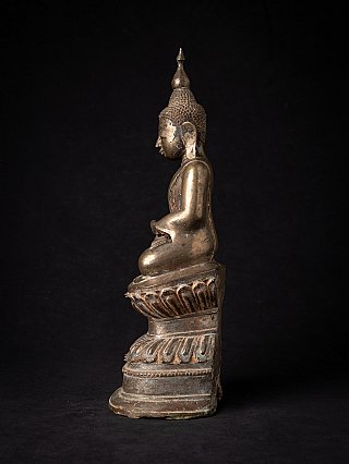 Seated Burmese bronze Buddha statue, right side profile with lotus pedestal