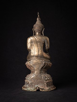 Burmese bronze Buddha statue, rear view showing robe back and lotus base