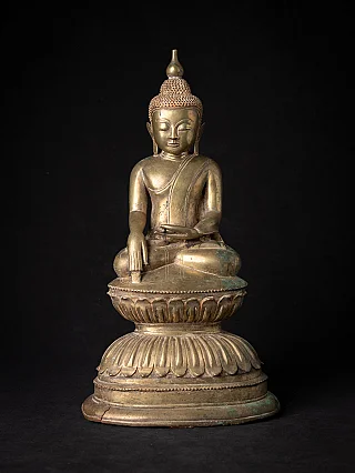 Burmese bronze Buddha statue in Ava style, seated in bhumisparsha mudra, full front view