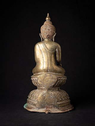 Bronze-Buddha-Statue aus Burma, Ava-Stil, Rückansicht mit Gewandlinie und Sockel