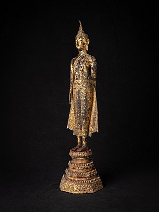 Thailändische Buddha-Statue aus Bronze, stehend in Abhaya-Mudra, Dreiviertelansicht