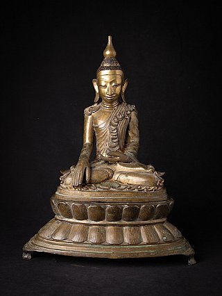 Shan Buddha statue in bronze from Burma, seated on lotus base with bhumisparsha mudra, front view