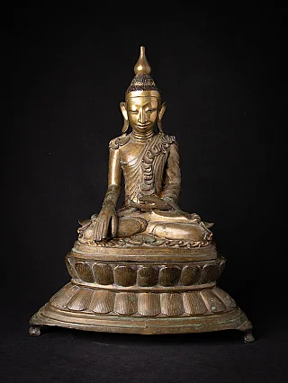 Shan Buddha statue in bronze from Burma, seated on lotus base with bhumisparsha mudra, front view