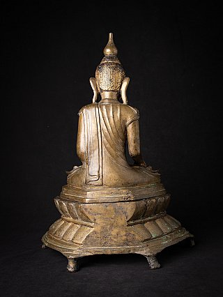 Bronze Shan Buddha statue from Burma, seated rear view showing the draped robe
