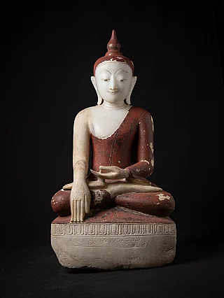 Burmese marble Buddha statue, full front view, seated with bhumisparsha mudra and red painted robe