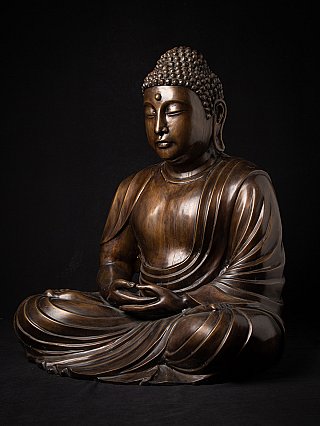 Japanische Bronze-Buddha-Statue, sitzend in Dreiviertelansicht von links