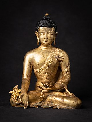 Nepalesische Medizin-Buddha-Statue aus Bronze, Frontansicht mit Schale in der Hand