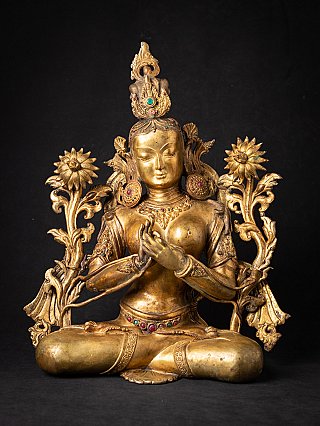 Nepalesische Bronze-Statue der Weißen Tara, sitzend in Dharmachakra-Mudra, Frontalansicht