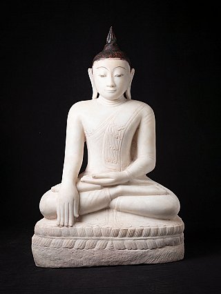 Marble Burmese Shan Buddha statue, full front view, seated in bhumisparsha mudra