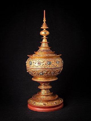 Antique Burmese gilded wooden offering vessel with tall finial, full view