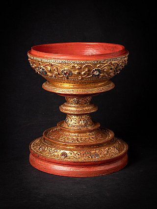 Burmese offering vessel bowl on pedestal, open top with red-lacquered rim