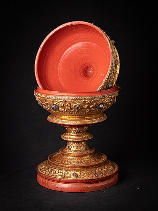 Burmese offering vessel shown open with the lid removed, red-lacquered interior