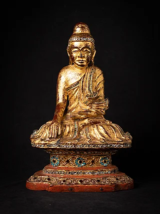 Hölzerne Buddha-Statue aus Burma im Mandalay-Stil, sitzend, Bhumisparsha, Frontalansicht
