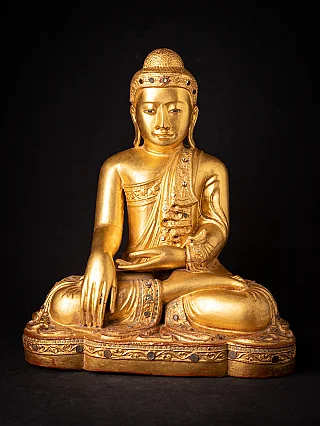 Burmesische Mandalay-Buddha-Statue aus Holz, sitzend in Bhūmisparśa-Mudrā, Frontalansicht
