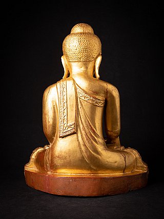 Burmese Mandalay Buddha statue in wood, rear view with draped robe over the back
