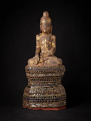 Antiek houten Shan-Boeddhabeeld uit Birma, zittend in bhumisparsha mudra, vooraanzicht