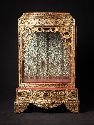 Antiker Holztempel/Schrein aus Burma, vergoldete Bogenöffnung in Frontalansicht