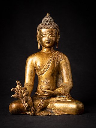 Nepalesische Medizinbuddha-Statue aus Bronze, sitzend, Frontansicht mit Schale und Pflanze