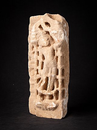 Antique Indian marble temple statue, three-quarter view showing the pierced carving