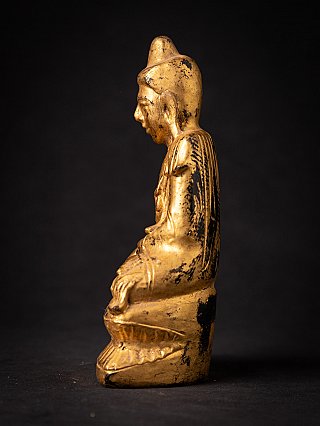 Hölzerner Shan-Buddha aus Burma (Myanmar), sitzend, linke Seitenansicht
