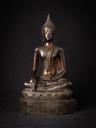 Thai bronze Buddha statue seated, full front view on lotus base with bhumisparsha mudra