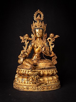Nepalesische Bronze-Statue der Grünen Tara, sitzend auf Lotussockel, Frontalansicht