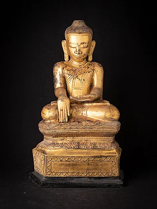 Burmese lacquerware Buddha statue seated on pedestal, full front view with bhumisparsha mudra