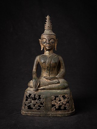 Buddha statue from Laos in bronze, seated in bhumisparsha mudra, full-front view on openwork base