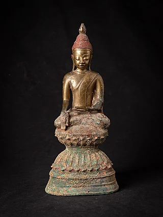 Burmese bronze Buddha statue in Shan style, seated in bhumisparsha mudra, front view