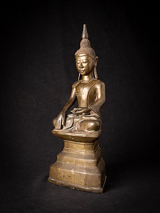 Bronze Shan Buddha statue from Burma (Myanmar) in bhumisparsha mudra, three-quarter view