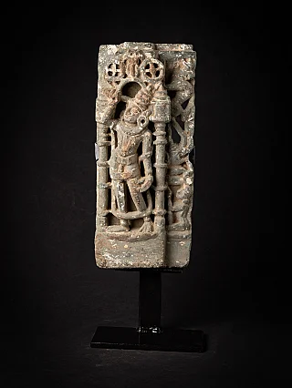 Indian temple relief panel on stand with standing figure between columns and pierced top