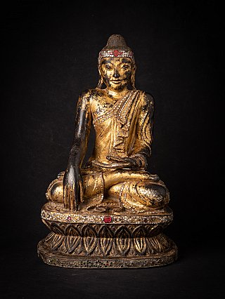 Burmese Mandalay Buddha statue in wood, seated in bhumisparsha mudra, full front view