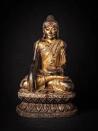Hölzerne Mandalay-Buddha-Statue aus Myanmar, sitzend in Bhūmisparśa-Mudrā, Frontansicht
