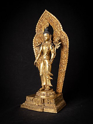 Lokeshwor statue in bronze from Nepal, three-quarter left view with ornate halo