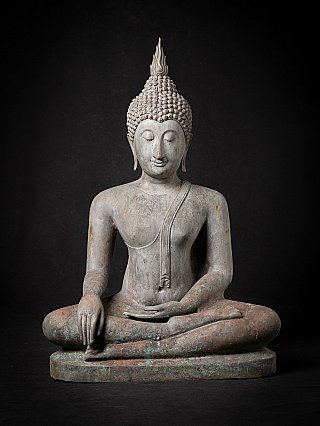 Thai Sukhothai Buddha statue in bronze, seated in bhumisparsha mudra, full front view