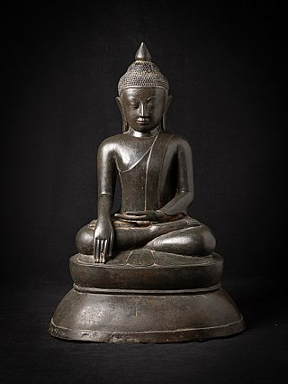 Burmese bronze Buddha statue seated in bhumisparsha mudra, full front view