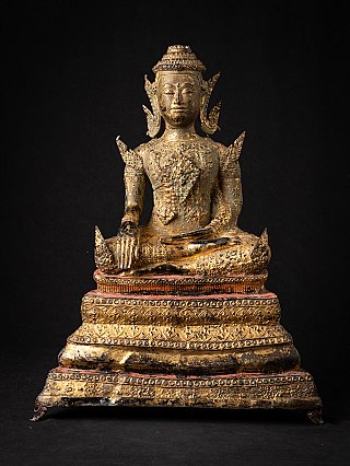 Thai bronze Buddha statue in Rattanakosin style, seated on tiered base, full front view