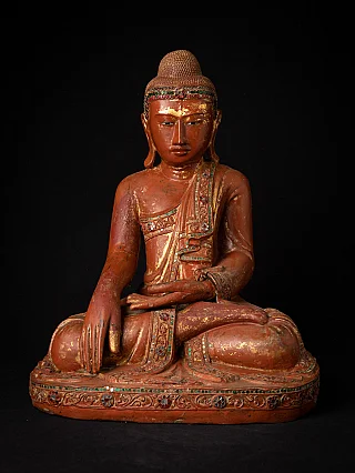 Antike hölzerne Buddha-Statue aus Burma, Bhumisparsha-Mudra, Frontalansicht