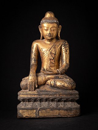Burmese wooden Buddha statue, seated in bhumisparsha mudra, full front view