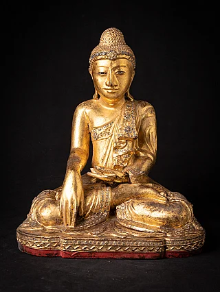 Antike hölzerne Buddha-Statue aus Burma (Mandalay), sitzend in Bhūmisparśa-Mudrā, Frontalansicht