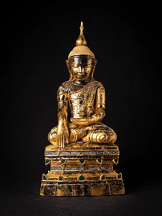 Antique wooden Burmese Buddha statue, Shan style, seated in bhumisparsha mudra, full front