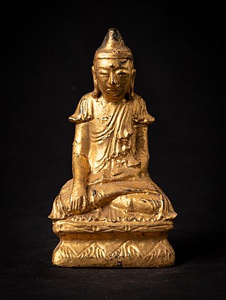 Antike hölzerne Buddha-Statue aus Burma in Bhumisparsha-Mudra, sitzend, Frontalansicht