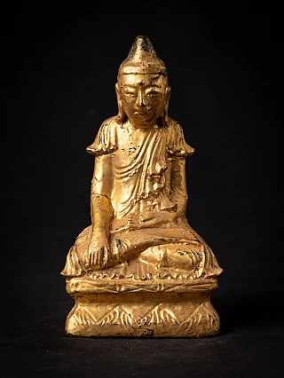 Burmese wooden Buddha statue in bhumisparsha mudra, seated, full-front view