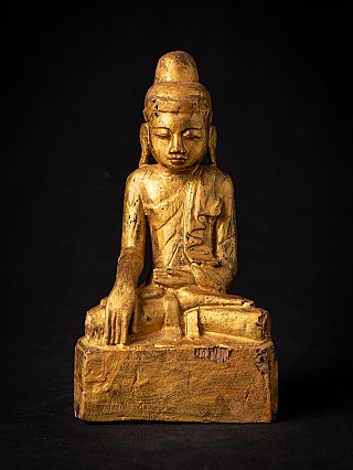 Buddha statue from Burma (Myanmar) in gilded wood, seated in bhumisparsha mudra, full front