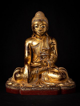 Burmese Mandalay Buddha statue in wood, seated in bhumisparsha mudra, full-front view