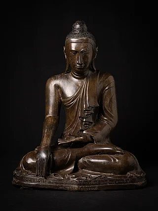 Burmese Mandalay Buddha statue in bronze, seated in bhumisparsha mudra, full front view