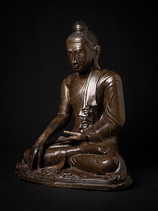 Mandalay-Buddha-Statue aus Bronze (Myanmar), sitzend, Dreiviertelansicht von rechts