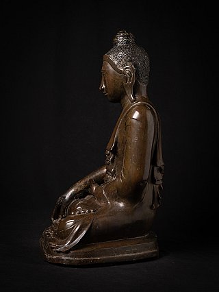 Sitzende Buddha-Statue aus Myanmar in Bronze, linke Seitenansicht
