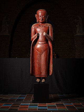 Burmese wooden monk statue, 17th century, standing with namaskara mudra, full front view