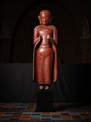 Burmese wooden monk statue, 17th century, standing with namaskara mudra, full front view